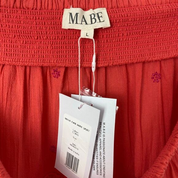 M.A.B.E. NWT Mina Embroidered Mini Tiered Skirt Coral 100% Cotton Boho Chic sz L - Picture 5 of 10